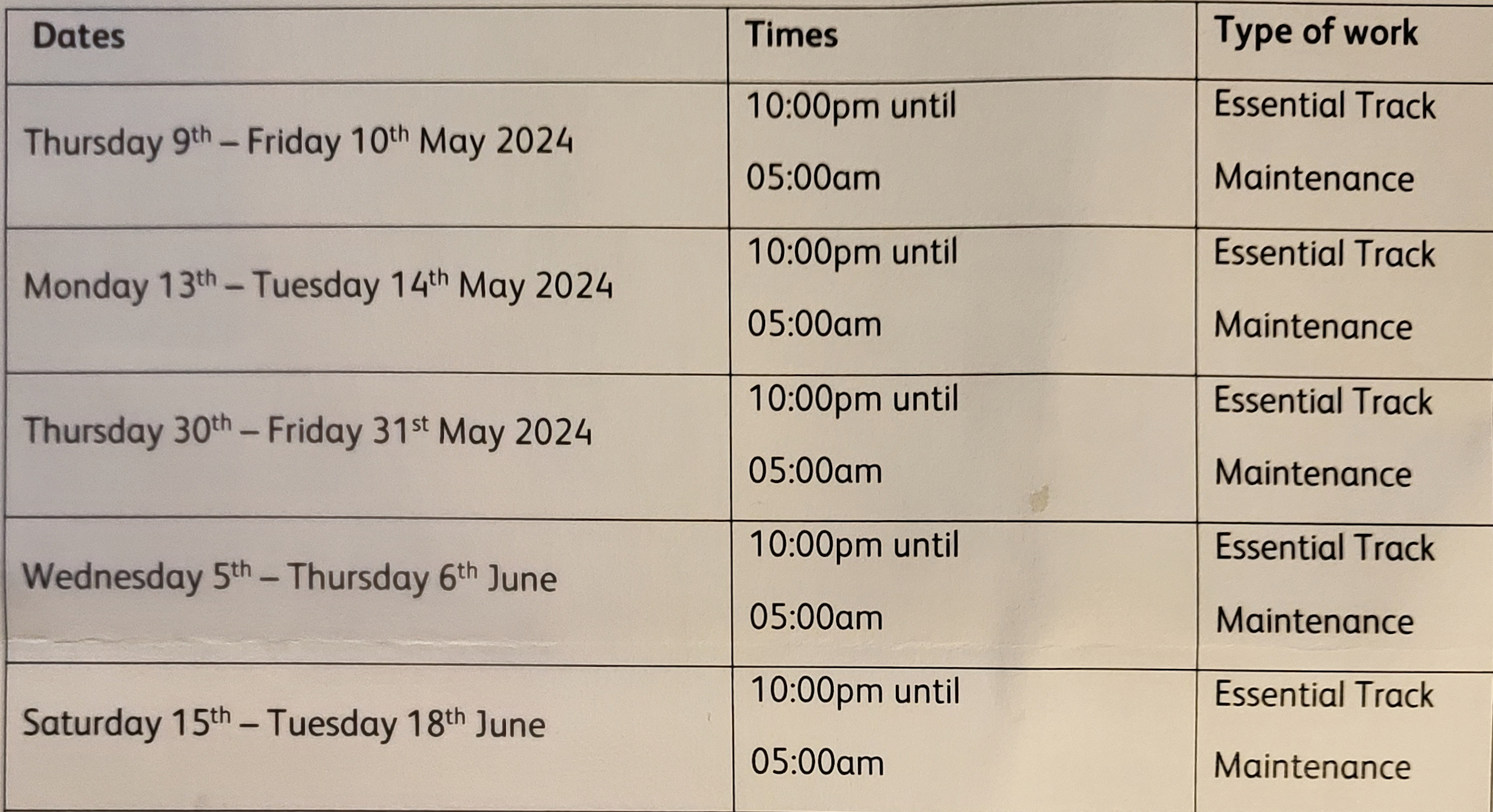 Railway schedule of night working – 10 May to 18 June