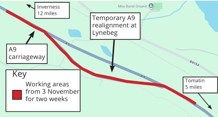 Temporary traffic lights on A9 near Moy