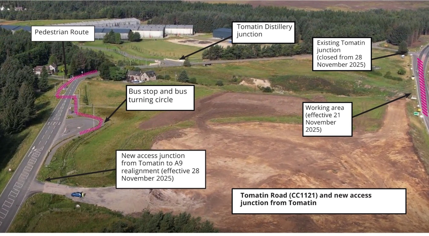 A9 traffic management at Tomatin – temporary junction and bus stop relocation